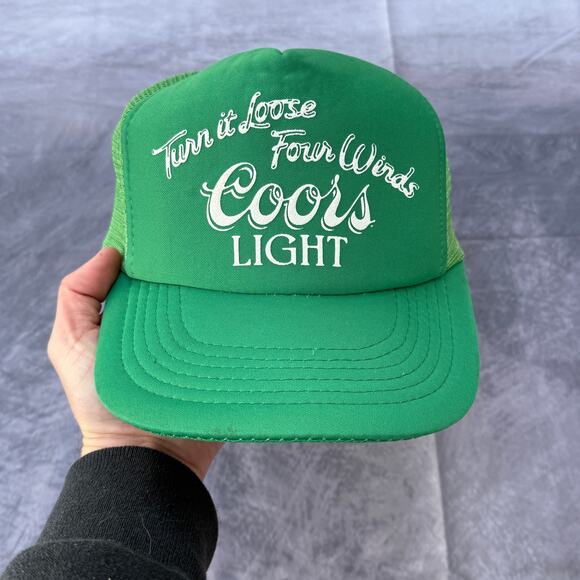 Vintage 80's Coors Light Beer Promo "Turn it Loose" Four Winds Green Trucker Hat - Picture 1 of 7